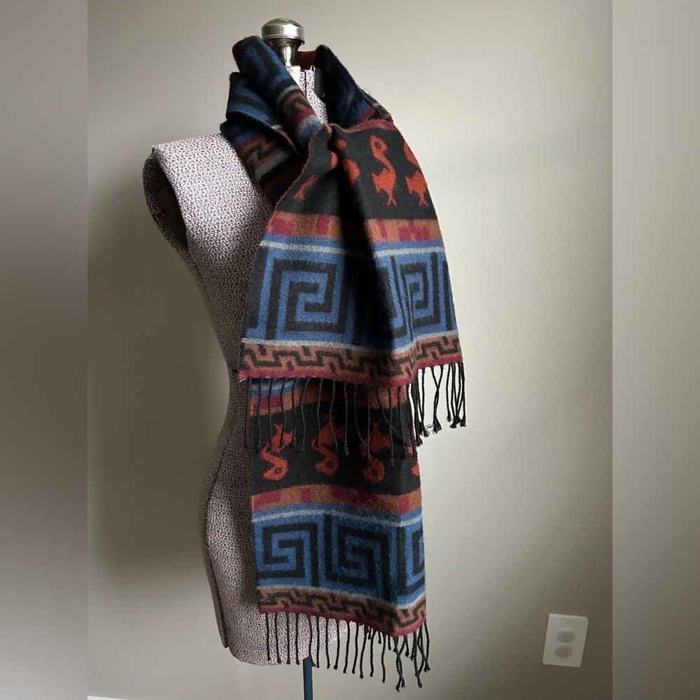 Aztec made in Italy Geometric Patterned Scarf in Brown and Blue winter warm - Picture 7 of 8